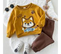 2 Stücke Baby Jungen Cartoon Fuchs Muster Strick Weicher Rundhals Langarm Pullover und Elastischer Taille Lang Hose Set