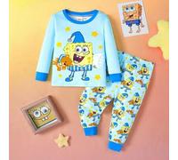 2 Stücke Baby Jungen Cartoon Muster Rundhals Langarm Top und Hose Strick-Schlafanzug-Set, bequem und lässig, dehnbar