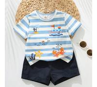 2 Stücke Baby Jungen Cartoon Muster Strick Rundhals Kurzarm Top und Shorts Set mit Gummibund