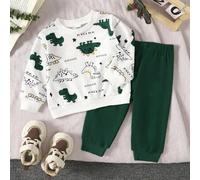 2 Stücke Baby Jungen Dinosaurier Muster Rundhals Langarm Oberteil und einfarbige grüne Hose Set, geeignet für Outdoor-Spiel, Lässig und Sportbekleidun