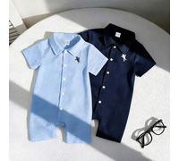 2 Stücke Baby Jungen Set aus einfarbigem strukturiertem Polokragen Kurzarm Jumpsuit mit besticktem Tiermotiv und Shorts, geeignet für Frühling/Sommer,