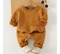 2 Stücke Baby Jungen Set aus khakifarbenem braunem Dinosaurier strukturiertem Jacquard-Strick Sweatshirt mit Rundhalsausschnitt und Langarm sowie Hose