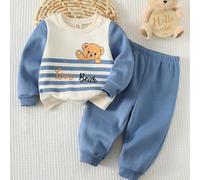 2 Stücke Baby Jungen Set mit Cartoon Bär Muster, Farbblöcke, Streifen & Buchstaben Muster, weicher Strick Rundhals Pullover Sweatshirt und einfarbige