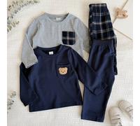 2 Stücke Baby Jungen süßes Cartoon Bär besticktes geripptes Strick Langarm T-Shirt & karierte lange Hose lässiges Outfit
