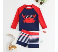 2 Stücke Baby/Kleinkind Jungen Badeanzug Set, süßer Cartoon Hai Muster Farbblock Langarm Strick Top und Badeshorts, separates Badeoutfit