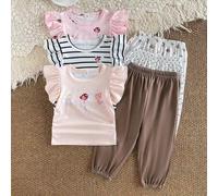 2 Stücke Baby/Kleinkind Mädchen Geripptes Rundhals Rüschen Ärmel T-Shirt & Gemusterter Hose Set, Kinderkleidung, Säuglingsoutfit, Säuglingstop, geeign