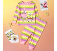 2 Stücke Baby Mädchen Cartoon gestreiftes Muster Rundhals Langarm Top und Hose Strick bequemer lässiger dehnbarer Pyjama Set