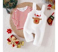2 Stücke Baby Mädchen gestreifter Strickpullover + Plüsch Jumpsuit süßes 2-teiliges Set, Winterweihnachtskleidung