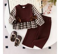 2 Stücke Baby Mädchen Gestrickt Karomuster Patchwork Langarm Schleife T-Shirt und Rippstrick Hose Set, Lässig Outfit für Frühling Herbst