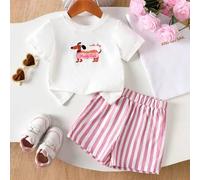 2 Stücke Baby Mädchen Kleinkind/Neugeborene 0-3 Jahre Casual Alltag Wurst Hund Grafik Rundhals T-Shirt + rosa gestreifte Shorts Set, Frühling/Sommer