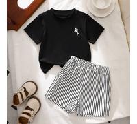 2 Stücke Baby Mädchen Kleinkind/Neugeborene 0-3 Jahre Casual Alltag Wurst Hund Grafik Rundhals T-Shirt + rosa gestreifte Shorts Set, Frühling/Sommer