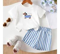 2 Stücke Baby Mädchen Kleinkind/Neugeborene 0-3 Jahre Frühling/Sommer Casual Alltag Wurst Hund Grafik Rundhals T-Shirt + rosa gestreifte Shorts Set