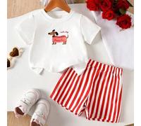 2 Stücke Baby Mädchen Kleinkind/Neugeborene 0-3 Jahre Lässig Alltag Wurst Hund Grafik Rundhals T-Shirt + rosa gestreifte Shorts Set, Frühling/Sommer