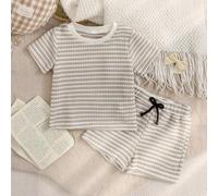 2 Stücke Baby Mädchen Kleinkind/Neugeborene 0-3 Jahre Lässig Alltag Wurst Hund Grafik Rundhals T-Shirt + rosa gestreifte Shorts Set, Frühling/Sommer