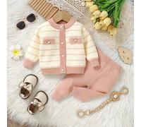 2 Stücke Baby Mädchen lässiger, süßer langärmeliger Strickjacke mit gestreiftem Muster und aufgesetzten Taschen-Design & gestrickter Hose Set, weich u