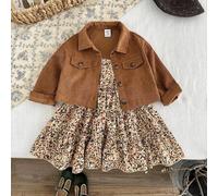 2 Stücke Baby Mädchen Set aus gewebtem einfarbigem Kurzarmshirt und gewebtem Blumen-Camiskleid für Herbst und Winter