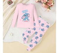 2 Stücke Baby Mädchen süßer blauer Muster & rosa Rundhals Langarm Top und Hose Strick Stoff bequem weich hochelastisch Schlafanzug Set