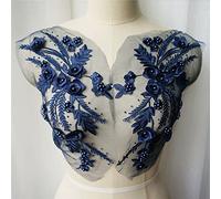 2 stücke Blau Spitze Stoff 3D Blume Quaste Perlen Strass Stickerei Hochzeit Applikationen Nähen Patches Für Kleid DIY Dekoration