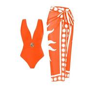 2 Stücke Damen Badeanzug in Unifarbe mit gemustertem langem Netzrock, Lässig Beach Holiday Bademode Set