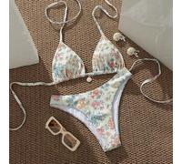 2 Stücke Damen Ditsy Blumen Bikini Set - Dreieck Träger Bikini-Top mit Muschelanhänger, High-Waist Tanga Bikinihose, süßer Sommer Strand Urlaubs Badea
