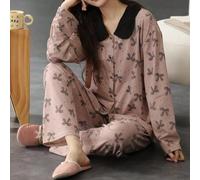 2 Stücke Damen Pyjama Set, Lange Hose, V-Ausschnitt Strickjacke mit Schmetterlings-Muster & Batik, modisches Outfit aus Top und Unterteil, Frühling/He