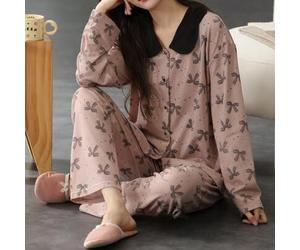 2 Stücke Damen Pyjama Set, Lange Hose, V-Ausschnitt Strickjacke mit Schmetterlings-Muster & Batik, modisches Outfit aus Top und Unterteil, Frühling/He