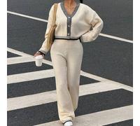 2 Stücke Damen Set aus gestreifter V-Ausschnitt Oversized Cardigan mit Knöpfen und Strickjose, Herbst/Winter