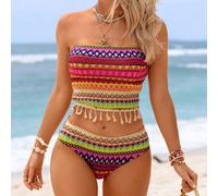 2 Stücke Damen Weste Camisole Bikini Set, buntes gestreiftes strukturiertes Gewebe, bohemian Fransen Dekor, Strandresort Stil, geeignet für Schwimmbad