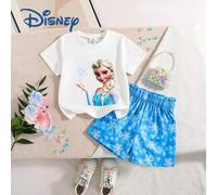 2 Stücke Frozen Elsa Prinzessin Muster Kurzarm T-Shirt & Shorts Set für Kleine Mädchen, Sommer Kinder Mode süßer Cartoon Rundhals Strick Top mit Allov