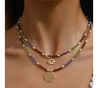 2 Stücke Handgefertigte Boho Doppelreihige Halskette mit Lotus- und geometrischem Anhänger für Frauen, Schmuck für Holiday-Partys