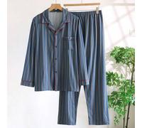 2 Stücke Herren Große Größen Pyjama Set - Bequemes Stoff Schlafanzug Set, modisches blau gestreiftes Langarm Hemd und Hose - Lässige Loungewear geeign