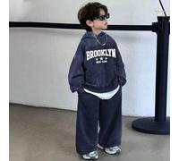 2 Stücke Jungen Lässig Street Fashion Koreanischer Stil Säure-gewaschener Hoodie und einfarbige Jogginghose mit elastischem Bund, geeignet für Schulan