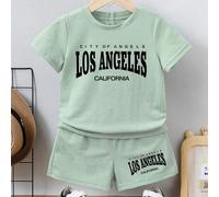 2 Stücke Jungen Locker Sitzende Bequeme T-Shirt Mit Buchstaben Grafik Shorts Set, Lässiger & Süßer Outfit Für Schule, Treffen, Outdoor Aktivitäten, Sp