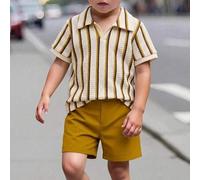 2 Stücke Jungen Sommer Vintage gestreifte strukturierte Poloshirt Kurzarm + Casual Shorts Set, Poloshirt mit Umlegekragen V-Ausschnitt Design, Waffel