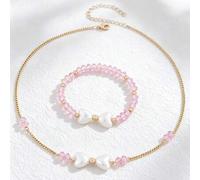 2 Stücke Kinder Schleife Charm Schmuckset, rosa Kristall Perlenarmband & verstellbare Halskette mit Perlen Schleife Anhänger, Prinzessin Verkleidungsa
