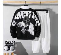 2 Stücke Kinder/Tween-Jungen Lässiger Alltags Vielseitiger Bequemer Buchstaben Muster Grafik Rundhals Loose Fit Pullover Sweatshirt und Einfarbige Web