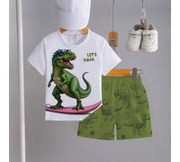 2 Stücke Kleine Jungen Lässig Niedlich Cartoon Set, T-Shirt mit Surfer Dinosaurier & "LET'S ROAR" Aufdruck, Shorts mit Dinosaurier Skizzen bedeckt, Ku