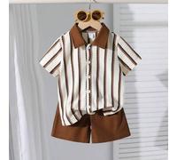 2 Stücke Kleine Jungen Sommer Lässig Urlaub Retro strukturierte gestreifte Poloshirt und Shorts Set