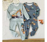 2 Stücke Kleinkind Jungen Weicher doppelseitiger gerippter Strick Cartoon Bagger Muster Langarm Top und Hose Set, Grau Grün mit Dunkelgrau unten