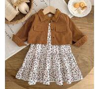 2 Stücke Kleinkind Mädchen Cordjacke Kleid süß Vintage Braun Weiß Ditsy Blumenmuster gestuft Langarm Revers Regular Fotoshooting Herbst Prinzessin gro