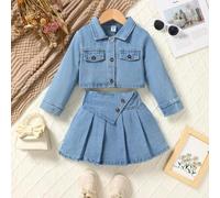 2 Stücke Lässig College Stil Alltagsoutfit für Kleine Mädchen - blaue verwaschen Jeans Langarmbluse und blaue verwaschen Jeans plissierter Rock, Herbs