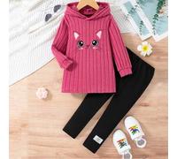 2 Stücke Mädchen Lässig Bestickter Cartoon Kapuzen Langarm Strick Top und Hose Set, Frühling/Herbst