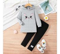 2 Stücke Mädchen Lässig Bestickter Cartoon Kapuzen Langarm Strick Top und Hose Set, Frühling/Herbst