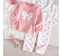 2 Stücke Mädchen-Plüsch-Pyjama-Set mit kariertem Langarmshirt und Hose, lässig, bequem und weich. Mädchen-Loungewear-Set mit Schleife. Niedliches Set
