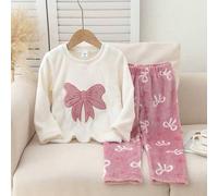 2 Stücke Mädchen-Plüsch-Pyjama-Set mit kariertem Langarmshirt und Hose, lässig, bequem und weich. Mädchen-Loungewear-Set mit Schleife, Winter-Set für