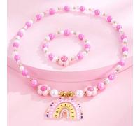 2 Stücke Mädchen Regenbogen Blumen Perlen Schmuckset, Künstliche Perlen Halskette & Armband mit buntem Regenbogen Anhänger, süße Prinzessin Dopamin Sc