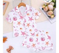 2 Stücke Mädchen Sommer Pyjama Set, lässig süßer Cartoon Ozean Tier Muster, Kragen Knopf Strickjacke Kurzarm + elastische bequeme weite Shorts, schwer