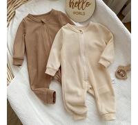 2 Stücke Neugeborene Baby Mädchen Baby Jungen Tägliche Basis Neutral Niedlich Einfarbig Gestrickter Langarm Jumpsuit, Herbst/Winter Neutral