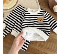 2 Stücke Neugeborene Baby Mädchen Sweatshirt Hose süß schwarz weiß gestreift Bär Patch Plüsch Langarm Rundhals dick Feiertag Herbst Pull Rippsaum Wint