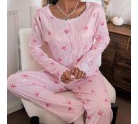 2 Stücke rosa gestreifter Schlafanzug-Set mit Schleifendruck und Spitzenbesatz, bestehend aus Cardigan und Hose